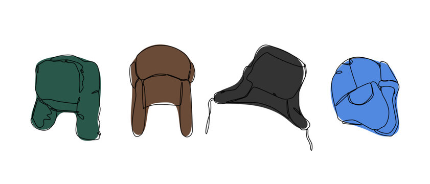 Set collection of winter trapper hat, earflaps cap, ushanka russian cap, fur hat. Editable line and colored. Vector illustration.