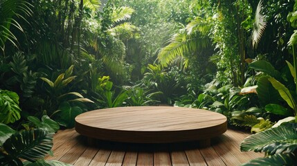 A wooden podium in a tropical jungle setting, surrounded by lush plants, ideal for showcasing eco-friendly products.