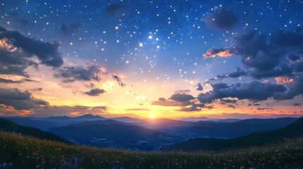 Naklejka premium Fallen stars with wonderful sky at sunrise over Mountain --ar 16:9 --v 6.1 Job ID: d5931388-0283-4700-bb11-678524213147