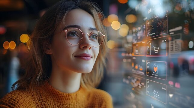 Woman Looking at Digital Interface With Hopeful Expression.