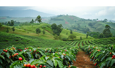 A beautiful view of a coffee plantation in Brazil showing the coffee harvest on the trees.