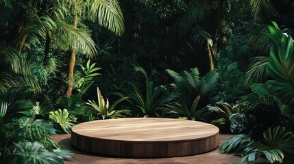 A wooden podium nestled within a lively tropical forest, creating a perfect stage for nature-themed product reveals.
