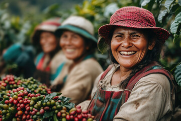 Happy latin american woman harvesting coffee beans with coworkers on sunny plantation in colombia, surrounded by lush greenery. Smiling, working together to pr. Coffee picking.International Coffee Day