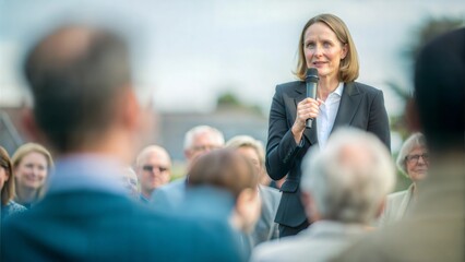 Woman Politician at Community Event - A female politician speaking at a community event, engaging with local residents. 