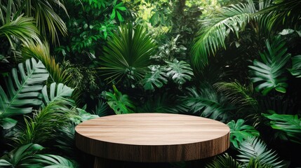 A wooden podium placed in a vibrant tropical forest, surrounded by lush plants, ideal for showcasing natural products.