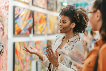 Art gallery owner is gesturing with her hands while presenting a modern painting to a potential buyer