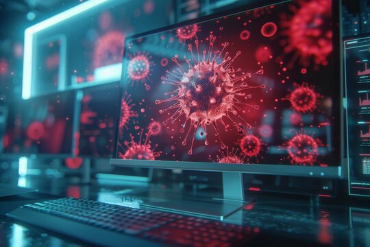 Virus monitoring on high-tech computer screens. Advanced monitoring of virus structures and activities on multiple computer screens in a high-tech network security control room.