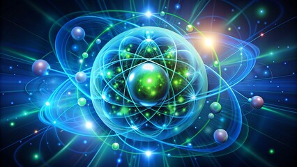 Fototapeta premium Vibrant blue and green hydrogen molecules swirling around a glowing energy core, set against a futuristic dark blue background with subtle gradient effects.