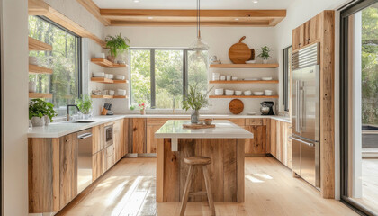Modern farmhouse kitchen with reclaimed wood and open shelving