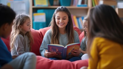 A small group of young students sitting in a cozy reading nook, receiving instruction from a teacher who is reading a storybook aloud, fostering a love for learning and literacy in a nurturing