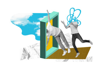 Photo collage picture of headless guy puzzled walking unknown door isolated green color background