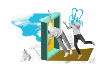 Photo collage picture of headless guy puzzled walking unknown door isolated green color background