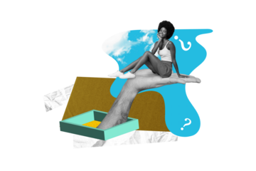 Collage artwork minimal picture of thoughtful questioned lady sitting big arm isolated green color background