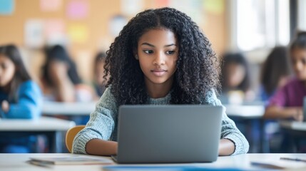 A young teacher of African American descent sitting at her desk in a modern classroom, working on a laptop, preparing lesson plans, and utilizing digital resources to enhance her teaching methods