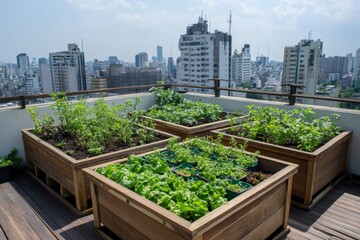 Fototapeta premium rooftop garden showcases flourishing plants cultivated in recycled containers, symbolizing urban restoration and green environmental practices.