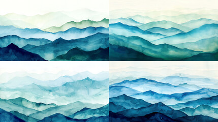 Obraz premium Watercolor ombre, soft blues and greens of mountain peaks, creating a serene and majestic gradient