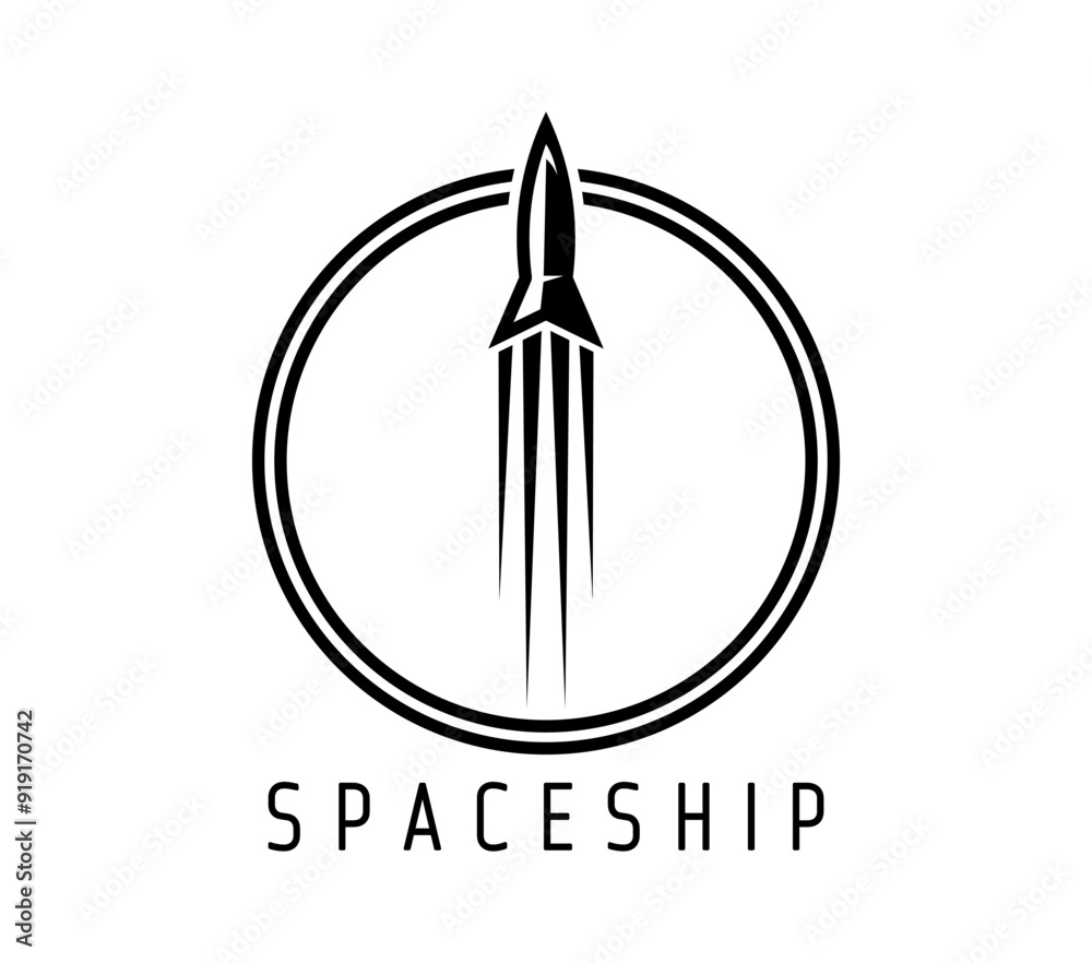 Poster spaceship, space rocket icon. isolated vector emblem of black spacecraft silhouette launch, ascendin