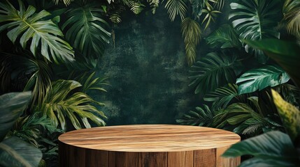 A wooden podium surrounded by tropical foliage, creating a vibrant and natural setting for product presentations.