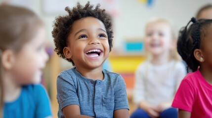 Obraz premium Young children in a bright, colorful classroom participating in a storytime session with a teacher reading aloud their wide-eyed attention and the engaging storytelling atmosphere showcase the magic