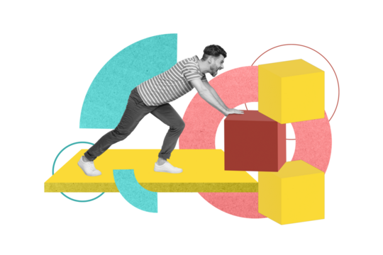 Picture sketch collage image of purposeful guy dragging cubes playing game isolated creative background