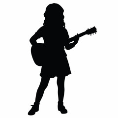 A collection of vector black silhouette of a girl playing an acoustic guitar with musical notes on white background. women playing with electric guitar vector illustration