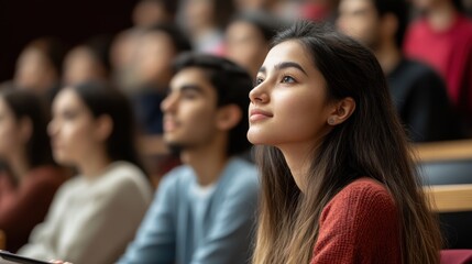 University students in a modern lecture hall taking notes and engaging with the professor's presentation their attentive expressions and the high-tech classroom setup underscore the importance of