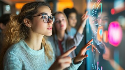 A teacher using an interactive whiteboard to explain a complex concept to attentive students in a modern classroom their focused expressions and the advanced technology underscore the integration of
