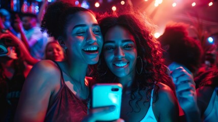 Two women are smiling and holding up a cell phone