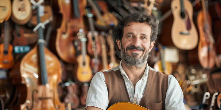 Luthier smiling holding an acoustic guitar in a workshop with string instruments hanging on the wall