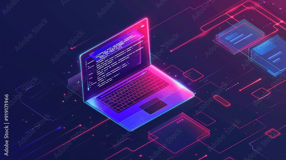 Wall mural laptop with code on screen in a futuristic setting