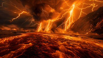 A fiery landscape with lava and lightning. 