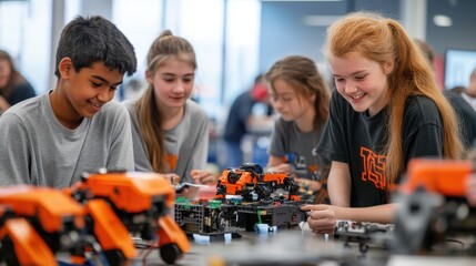 A high-energy robotics workshop with teams of students working together on different projects, assembling robots and testing their creations, capturing the essence of collaborative learning, STEM