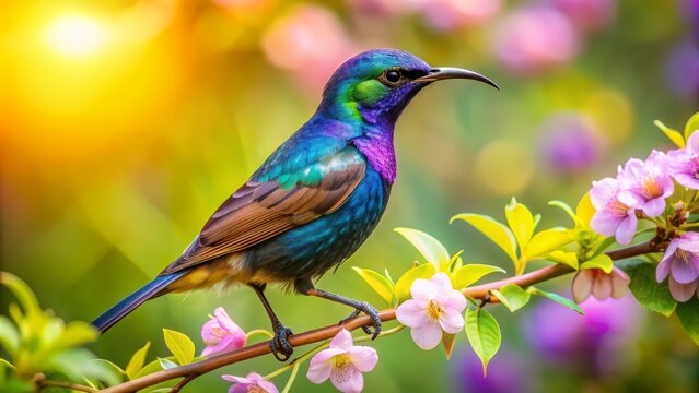 Vibrant purple sunbird perches on a delicate flower branch, its iridescent feathers glistening in the warm sunlight, surrounded by lush green foliage and soft focus background.