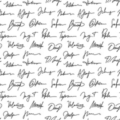 Signatures seamless pattern. Vintage paper with signatures, handwritten names background. Decorative paper, fabric racy vector print design