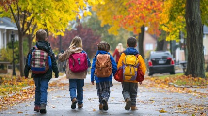 A cheerful image of children walking to school on a crisp autumn morning, a group of friends chatting and laughing, their backpacks filled with books and lunchboxes, the street lined with colorful