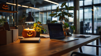 An office desk with a Halloween-themed calendar, featuring images of pumpkins and ghosts, with a tidy workspace and a view of the office floor in the background