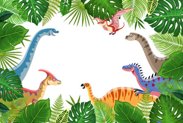 Tropical jungle frame and prehistoric cartoon dinosaurs. Jurassic dino animals vector frame borders with prehistoric forest palm tree and plant leaves. Cute parasaurolophus, pteranodon, camptosaurus © Vector Tradition