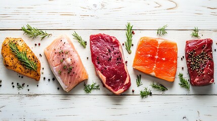 Raw Fish and Beef Steaks with Herbs on White Wood