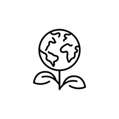 Eco-friendly growth icon. A simple line art icon featuring the Earth depicted as a flower with leaves. Perfect for content related to green energy, global ecological initiatives. Vector illustration