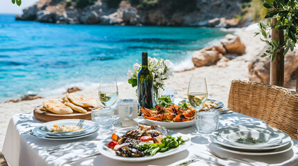 Obraz premium Romantic seaside dining on a Greek island beach. Sunset with traditional Greek dishes and breathtaking ocean views.