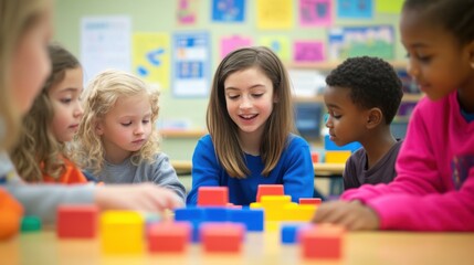 A group of elementary students participating in a hands-on math lesson, using manipulatives and interactive tools to solve problems, a teacher providing guidance and encouragement, the room filled