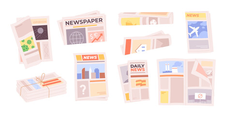 Fototapeta premium Cartoon folded newspapers. Weekly daily periodicals with different news. Paper publications, isolated newspaper and tabloid, racy vector set