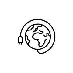 Global connectivity icon. A minimal line art icon featuring a globe encircled by a power cable. Ideal for use in content related to global networks, sustainable energy. Vector illustration.