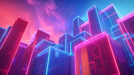 Fototapeta premium A city skyline with a tall building in the middle. The sky is a mix of blue and pink