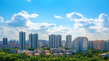 Fototapeta premium Urban Skyline with Lush Greenery Under a Sunny Sky
