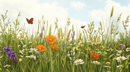 A meadow with diverse plant species and insects, illustrating biodiversity in nature