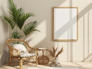 Modern room wall with a beautiful plant and vintage photo frame mockup, copy space
