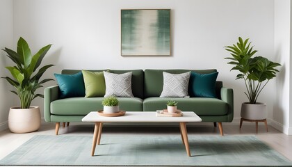 Modern living room interior with sofa and painting frame . Cozy Scandinavian Style Room with Two Empty Picture Frames. 