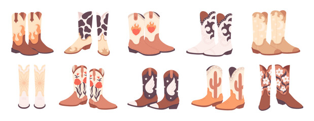 Cartoon cowboy boots. Stylish boot with floral ethnic ornaments. Fashion unisex shoes, traditional wild west style accessories, racy vector set