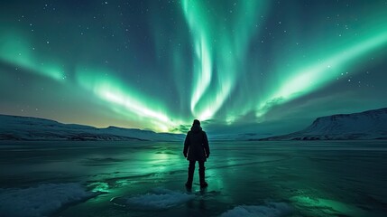 Fototapeta premium Aurora borealis creating a spectacular light show over a frozen Arctic lake